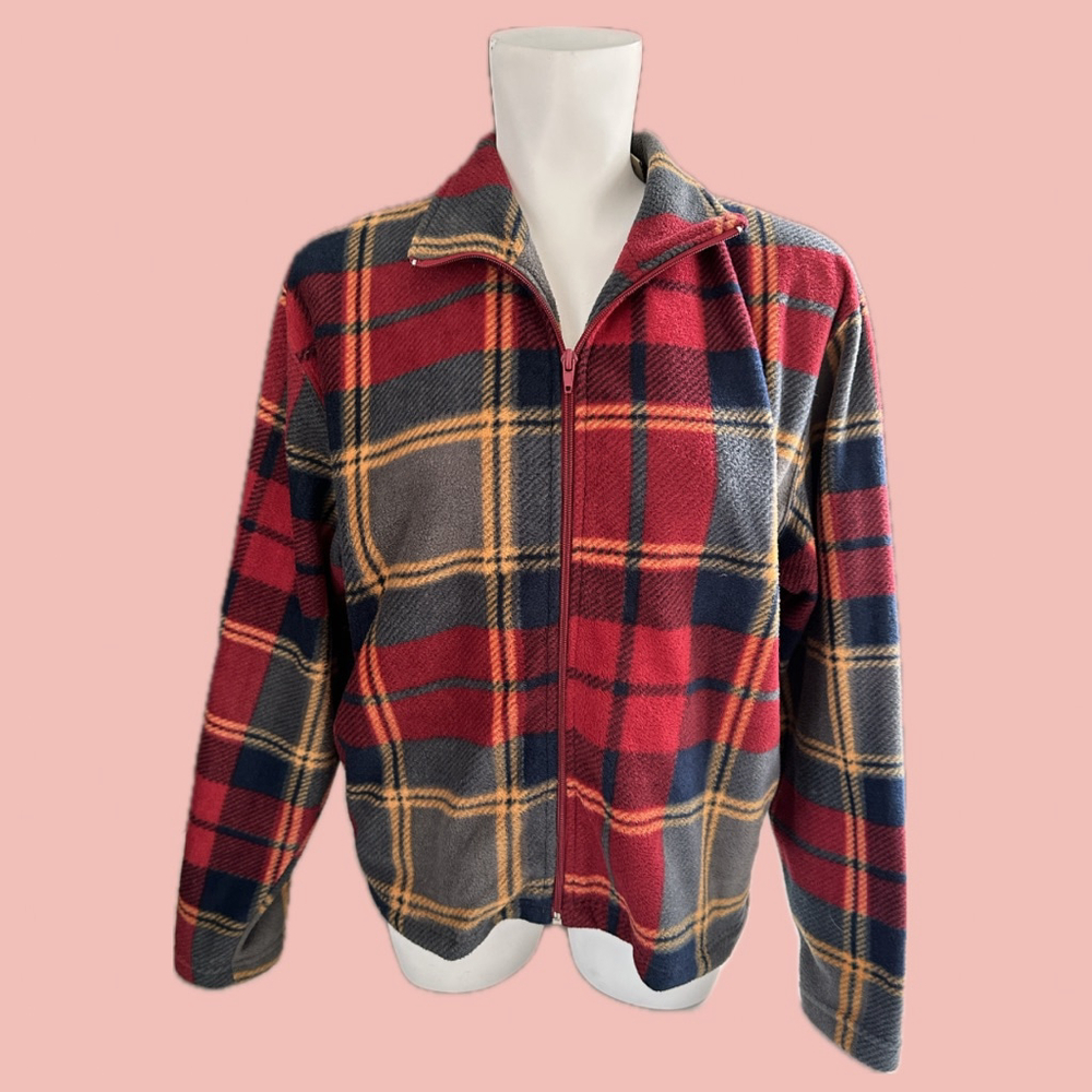 Vintage Tartan Polar Fleece Zip Jacket – Made in Russia, Nick & Sarah, Red/Blue